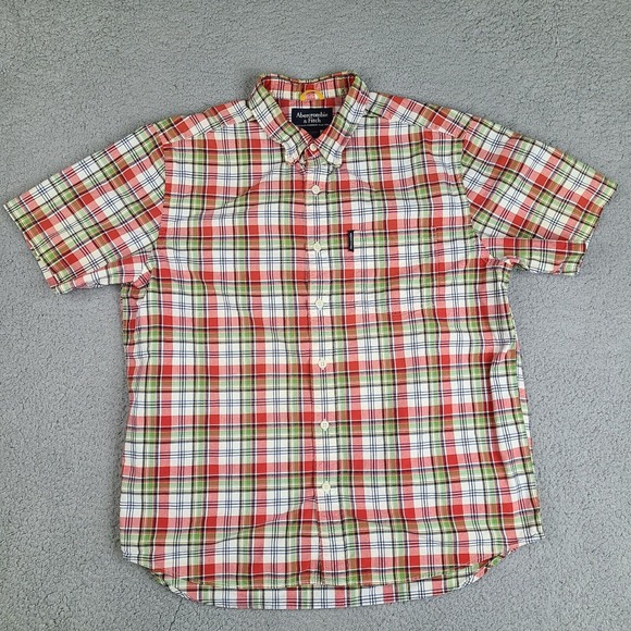 VINTAGE Abercrombie & Fitch‎ Shirt Large Men's Red SS Plaid Pullover Button - Picture 1 of 13